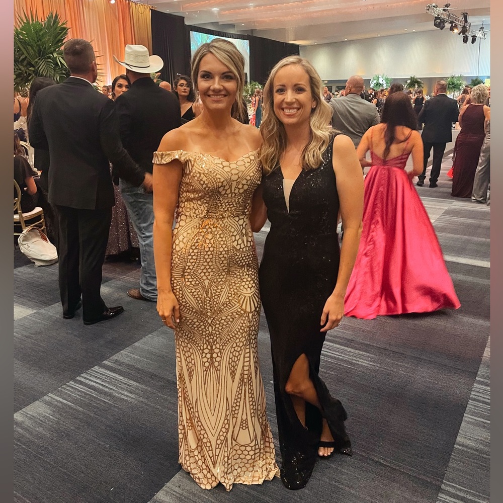 Formal dress. Tan with gold sequins. Size Medium. Worn once.